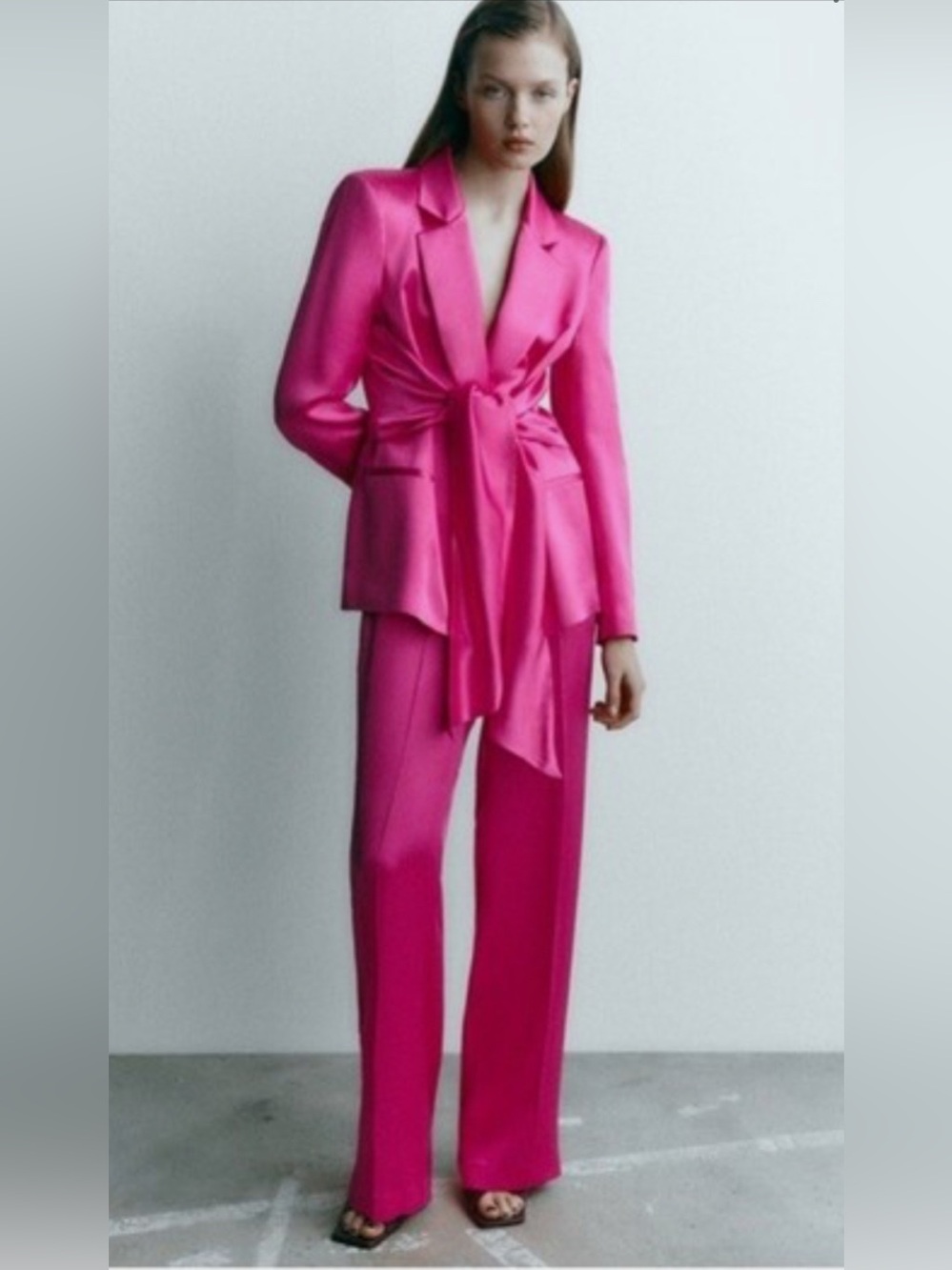ZARA NWT Barbiecore Hot Pink Satin Tie Front Blazer Jacket